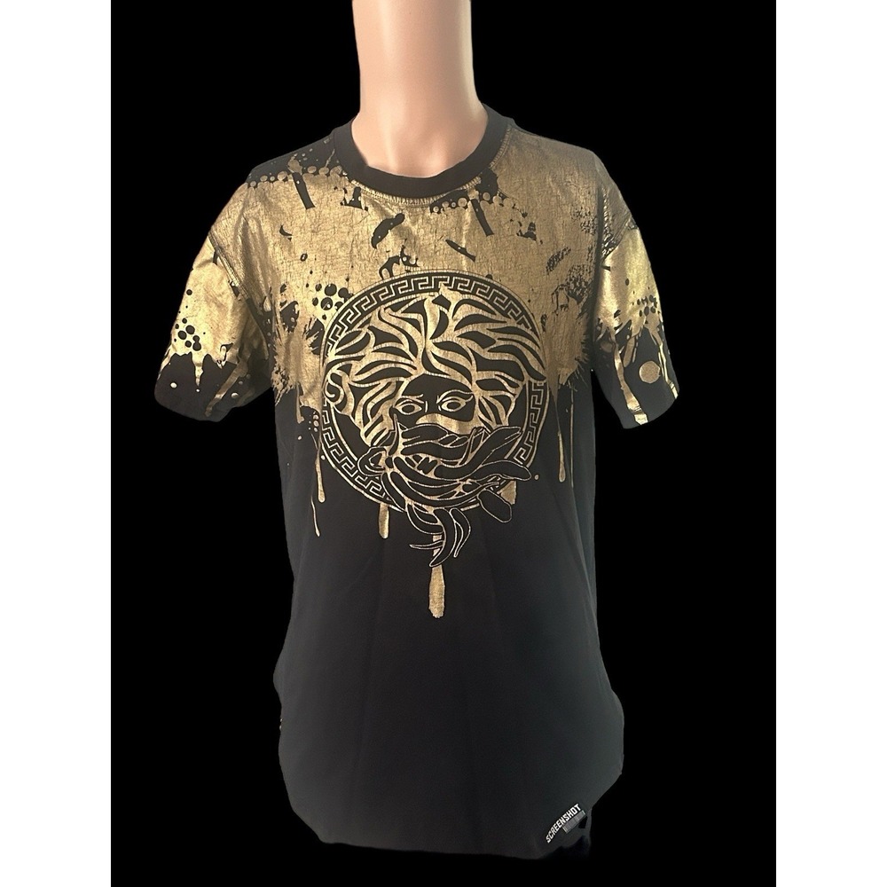 Screenshot‎ Brand T-Shirt Black w/ Gold Medusa 2 Zippers Aztec Paint Size XL
